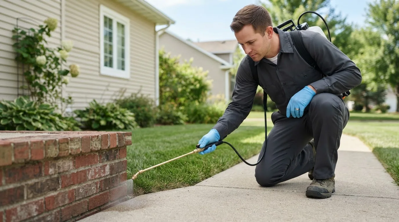 Pest control technician treating a home near Lamont, IA