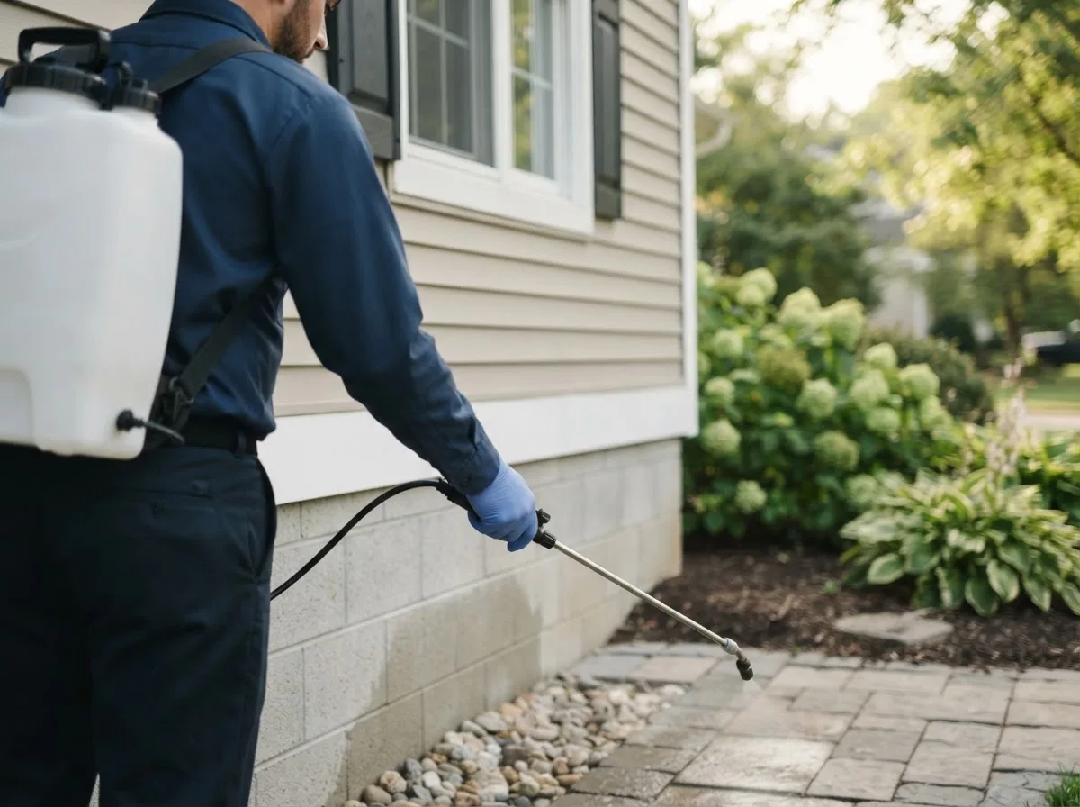 Pest control technician inspecting a home in Lamont, IA